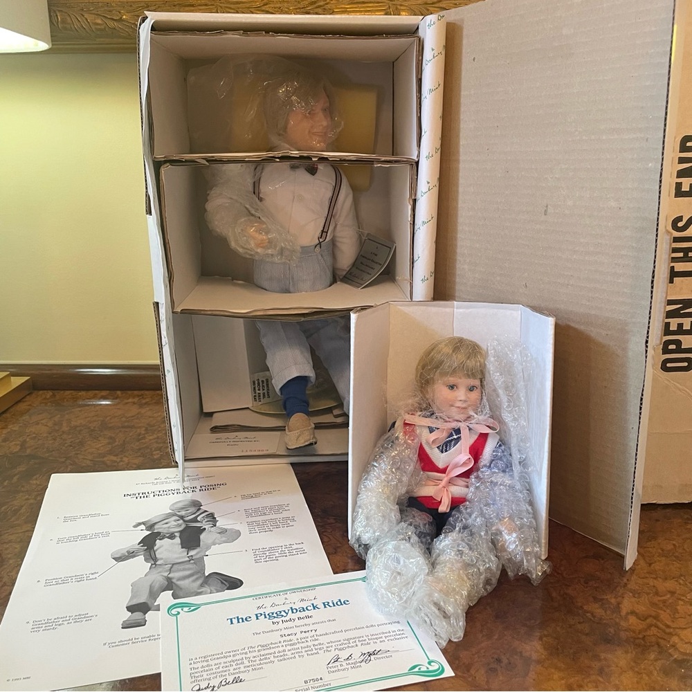 THE PIGGYBACK RIDE PORCELAIN DOLLS by JUDY BELLE GRANDPA & GRANDSON